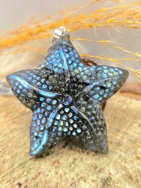 Nature Labradorite Carved Big Starfish Pendant Necklace